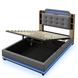 modfu Lit coffre 140x200 cm avec LED, USB et Type-C, en lin, gris pas cher