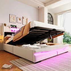 modfu Lit coffre 160x200 cm avec USB-C, tête de lit et LED, en lin, beige