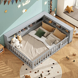modfu Lit enfant 140x200 cm avec table de chevet, prise électrique et USB, en panneau de particules, gris