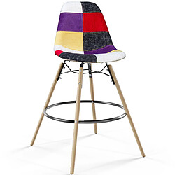 ICONIK INTERIOR Tabouret de Bar - Rembourrage Patchwork - Design Scandinave et Pieds en Bois - Skögur Multicolore