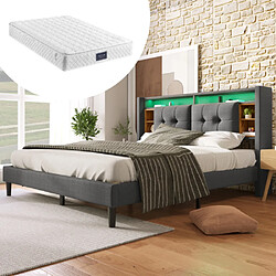 modfu Lit adulte 160x200 cm avec USB et LED, en lin, gris