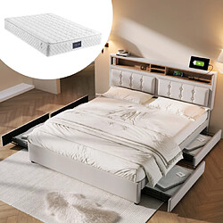 modfu Lit adulte 160x200 cm avec 4 tiroirs et prise USB C, en lin, beige