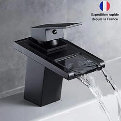 Decopine Robinet mitigeur de lavabo cascade en laiton noir avec plateau en verre