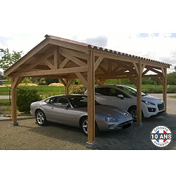 CPBF Carport deux pentes faitage décalé 650cmx700cm, Bois DOUGLAS Français (Charpente en bois-auvent-abri voiture), 46m². Garantie 10 ans