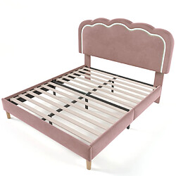 modfu Lit adulte 140x200 cm avec LED et tête de lit réglable, en velours, rose pas cher