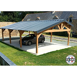 CPBF Carport deux pentes faitage décalé, 600cmx1050cm, Bois DOUGLAS Français (Charpente en bois-auvent-abri voiture), 63 m². Garantie 10 ans