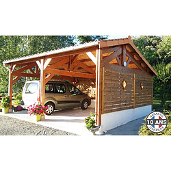 CPBF Carport deux pentes faitage décalé 500cmx450cm, bois DOUGLAS Français (Charpente en bois-auvent-abri voiture), 23m². Garantie 10 ans