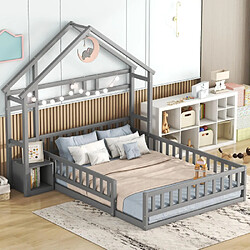 modfu Lit enfant 140x200 cm avec barrières et tables de chevet, en pin, gris