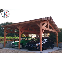 CPBF Carport deux pentes faitage décalé, 500cmx500cm, bois DOUGLAS Français (Charpente en bois-auvent-abri voiture), 25 m². Garantie 10 ans