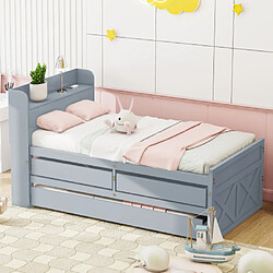 modfu Lit gigogne 90x190 cm avec tiroir, table de chevet avec étagères et USB, en bois, gris