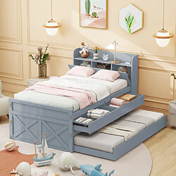 modfu Lit gigogne 90x190 cm avec tiroir, table de chevet avec étagères et USB, en bois, gris