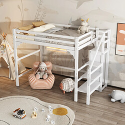 modfu Lit mezzanine 140x200 cm avec sommier à lattes, marches, penderie intégrée, en pin, blanc