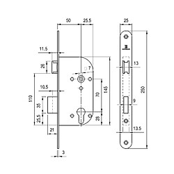 Serrure monopoint à larder pour mesure conservatoire clé I axe 50 mm têtière 250 x 25mm IX A G HERACLES I L375 50X