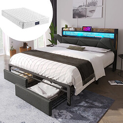 modfu Lit adulte 160x200 cm avec USB Type-C, tête de lit, LED et tiroirs, en lin, gris