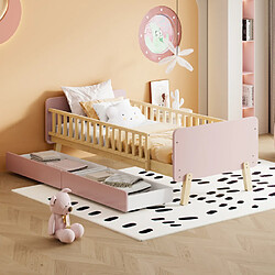 modfu Lit enfant 90x190 cm avec 2 tiroirs et sommier à lattes, en bois, rose