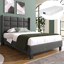 DZMDIP Lit - 90x200 cm - Tête de lit capitonnée - Matelas à ressorts - Gris