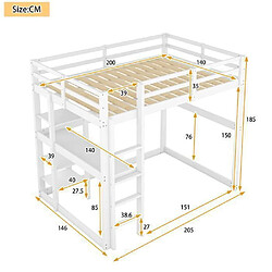 DZMDIP Lit mezzanine 2 places - 140x200cm - Bois de pin - Blanc - Avec bureau et rangement