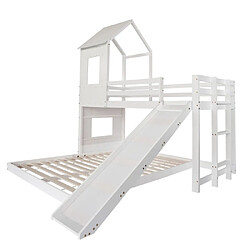 modfu Lit superposé 140x200 cm avec toboggan, barrière, fenêtre et toit, en bois, blanc pas cher