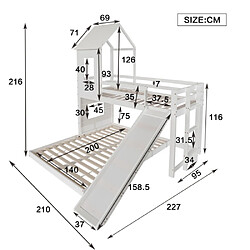 Avis modfu Lit superposé 140x200 cm avec toboggan, barrière, fenêtre et toit, en bois, blanc