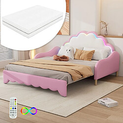 DZMDIP Lit gigogne enfant 140x200 cm Lit 2 personnes avec Tête de lit et éclairage d'ambiance, matelas, télécommande, rose