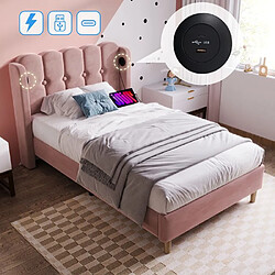 DZMDIP Lit rembourré 90x200 cm - Velours rose - Chargeur USB-C - Cadre à lattes - 1 place