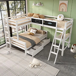 DZMDIP Lit superposé enfant 140x200cm/90x200cm Lit 3 place 2 personnes Avec tiroirs de rangement, bureau et huche, pin, blanc