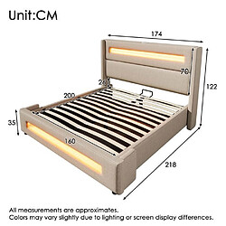 DZMDIP Lit coffre hydraulique - 160 x 200 cm - Rembourré - LED - USB Type-C