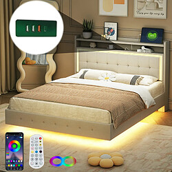 DZMDIP Lit 2 Personnes 160 X 200 cm avec Prise USB et Éclairage LED, Lit Flottant Rembourré avec Tête de Lit, Pieds Dissimulés, Lin, Beige