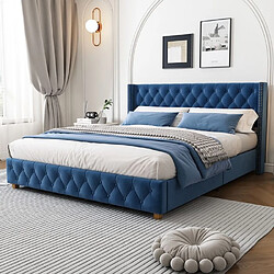 DZMDIP Lit double 160x200 cm - Lit adulte - Velours bleu - Sommier à lattes - 2 places