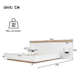 Acheter DZMDIP Lit double 140×200 cm Lit 2 personnes Livré avec 2 tables de chevet LED et prise USB C, chêne/blanc (matelas non inclus)