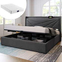 Avis DZMDIP Lit double capitonné - 140x200cm - Espace de rangement - Chargeur USB Type C - Sommier inclus
