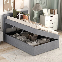 DZMDIP Lit coffre simple 90x200cm en lin gris Ouverture latéral Sommier à lattes en bois lit enfant lit rembourré cadre de lit