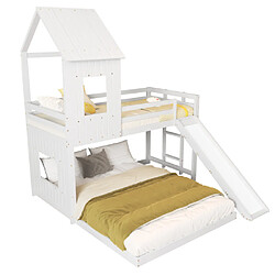 Acheter modfu Lit superposé 140x200 cm avec toboggan, barrière, fenêtre et toit, en bois, blanc
