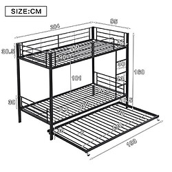 DZMDIP Lit superposé 3 places - 3 couchages - Métal noir - 2x90x200cm et 1x90x190cm