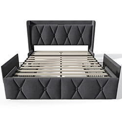 DZMDIP Lit adulte 160x200 cm avec chargement USB et 4 tiroirs, lit double avec sommier à lattes, tissu en lin, gris