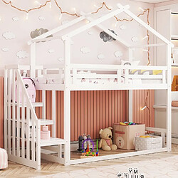 DZMDIP Lit Superposé enfant 90x200cm, Lit mezzanine avec escalier de sécurité, lit Cabane avec sommier à lattes, bois massif Blanc