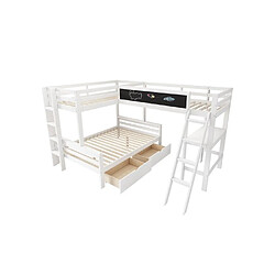 DZMDIP Lit superposé enfant 140x200cm/90x200cm Lit 3 place 2 personnes Avec tiroirs de rangement, bureau et huche, pin, blanc