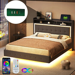 DZMDIP Lit 2 Personnes 160 X 200 cm avec Prise USB et Éclairage LED, Lit Flottant Rembourré avec Tête de Lit, Pieds Dissimulés, Lin, Gris