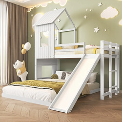 modfu Lit superposé 140x200 cm avec toboggan, barrière, fenêtre et toit, en bois, blanc