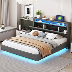 modfu Lit adulte 160x200 cm avec USB, LED et tête de lit, en lin, gris