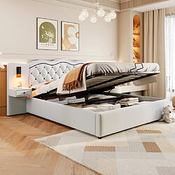 modfu Lit coffre 180x200 cm avec tête de lit, port USB et 2 lampes, en lin, beige