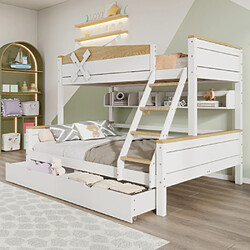 modfu Lit superposé 90x200 cm avec étagères, barrière, échelle et tiroirs, en bois, blanc