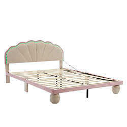 modfu Lit adulte 140x200 cm ave bande lumineuse et tête de lit, en velours, beige pas cher