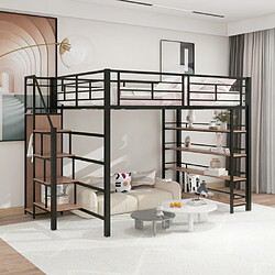 modfu Lit mezzanine 140x200 cm avec escalier, penderie et étagères, en métal, noir