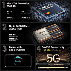 Ulefone Armor X16 Pro AI Smartphone Incassable 5G Android 15 - 16Go+256Go 10360mAh 6.56" 120Hz 64MP NFC - Noir