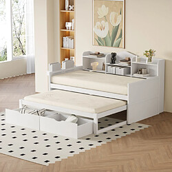 modfu Lit gigogne 90x200 cm avec 2 tiroirs, panier et USB, en bois, blanc