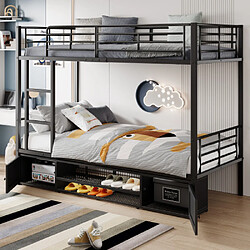 modfu Lit superposé 90x200 cm avec meuble, échelle et barrière, en métal, noir