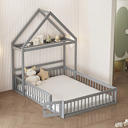 modfu Lit enfant 140x200 cm avec barrière, portes et sommier à lattes, en bois, gris