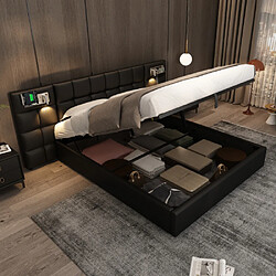 modfu Lit coffre 180x200 cm avec USB, lampe et chargeur sans fil, en similicuir, noir
