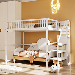 modfu Lit mezzanine 140x200 cm avec escalier, étagère et armoire, en bois, blanc